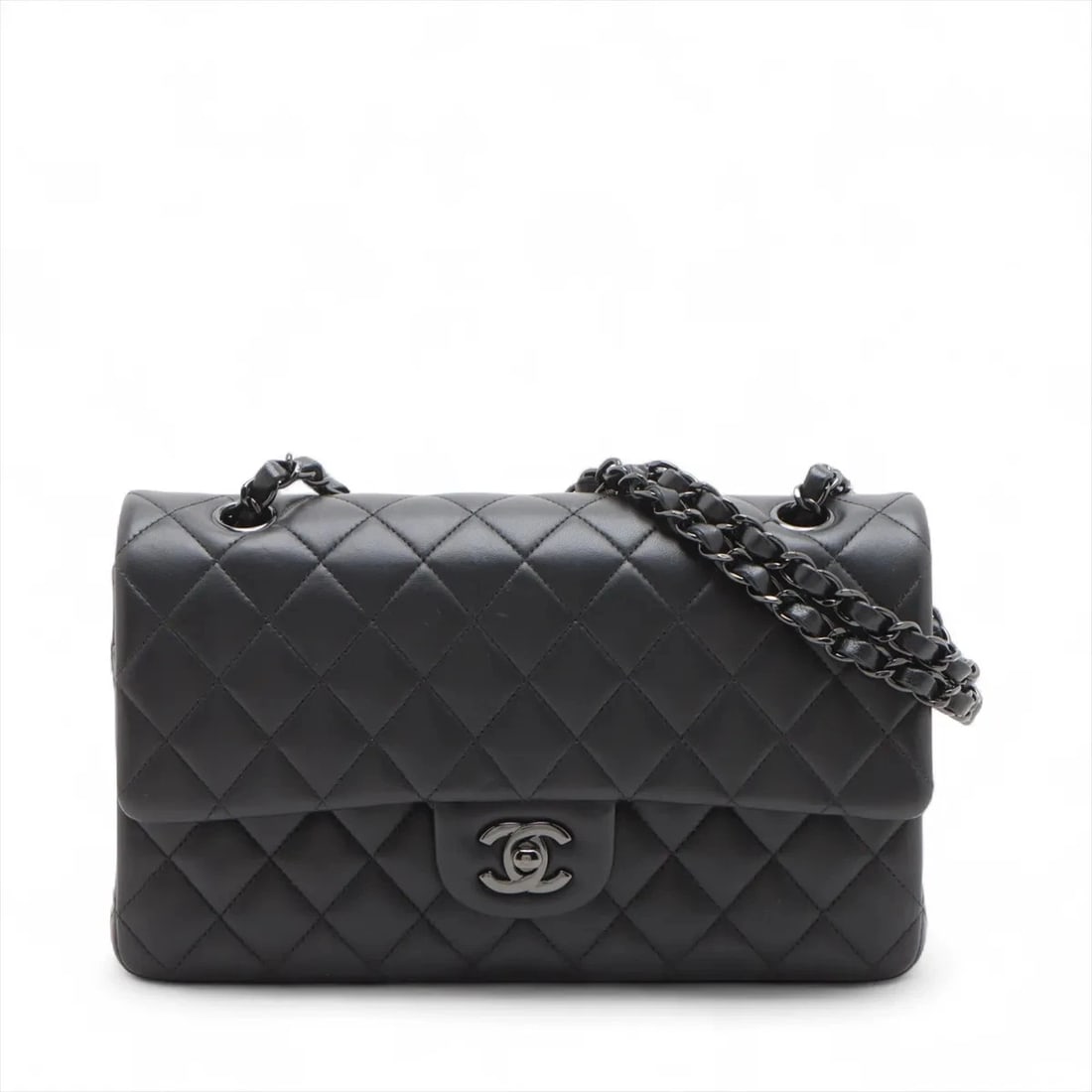 CHANEL MATELASSE 25 LAMBSKIN DOUBLE FLAP DOUBLE CHAIN BAG: Chanel Matelasse 25 Lambskin Double Flap Double Chain Bag Brand: Chanel Type/Style: Shoulder bag Material: Lambskin Color: Black Size: Height:5.9inchLength:9.8inchDepth:2.6inch Accessories: None <