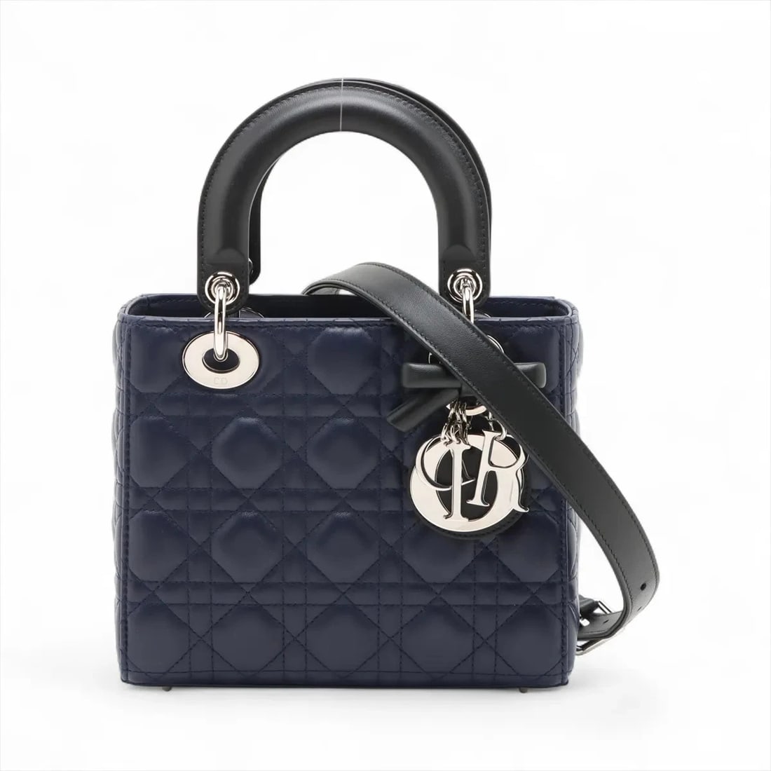 CHRISTIAN DIOR CANNAGE LADY DIOR LEATHER 2 WAY HANDBAG: Christian Dior Cannage Lady Dior Leather 2 Way Handbag Brand: Christian Dior Type/Style: Hand bag Material: Leather Color: navy x black Size: Height:6.7inchLength:6.7inchDepth:3.3inch Accessories: