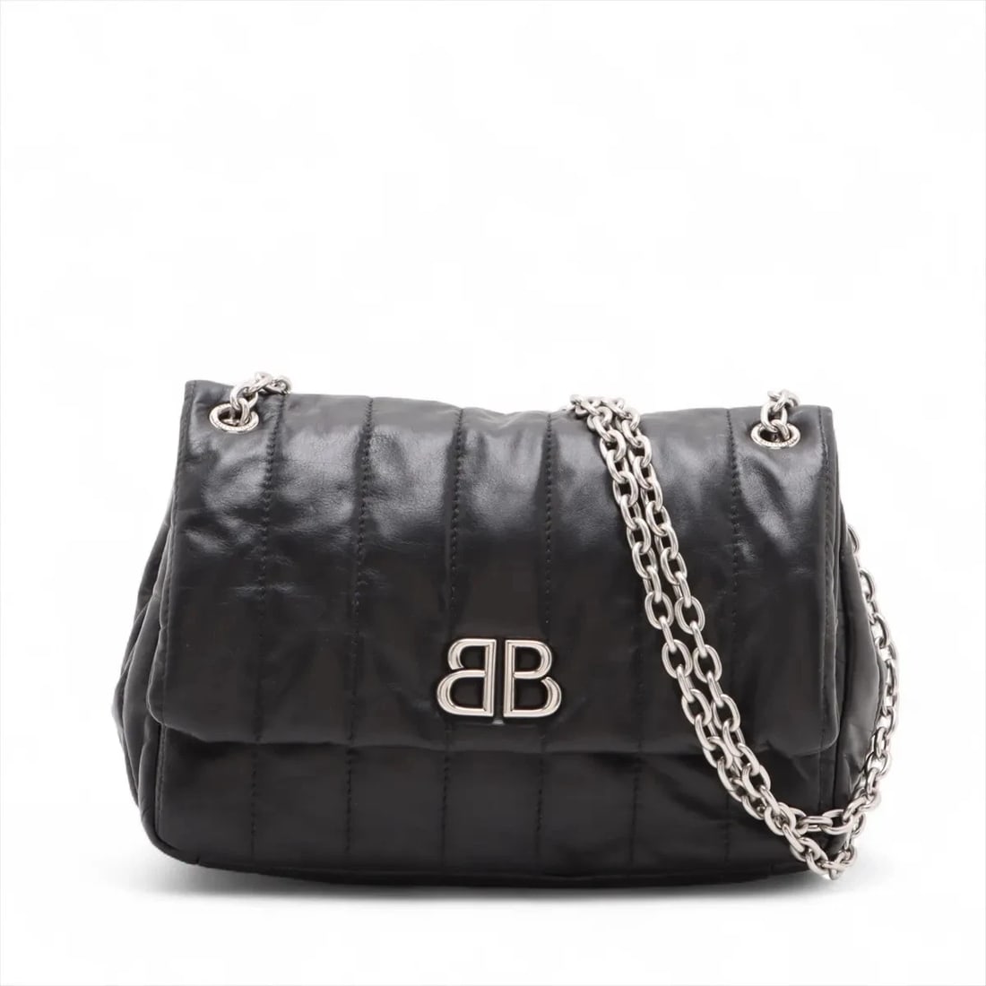 BALENCIAGA MONACO LEATHER CHAIN SHOULDER BAG: Balenciaga Monaco Leather Chain Shoulder Bag Brand: Balenciaga Type/Style: Shoulder bag Material: Leather Color: Black Size: Height:5.9inchLength:8.7inchDepth:2.6inch Accessories: None Acc