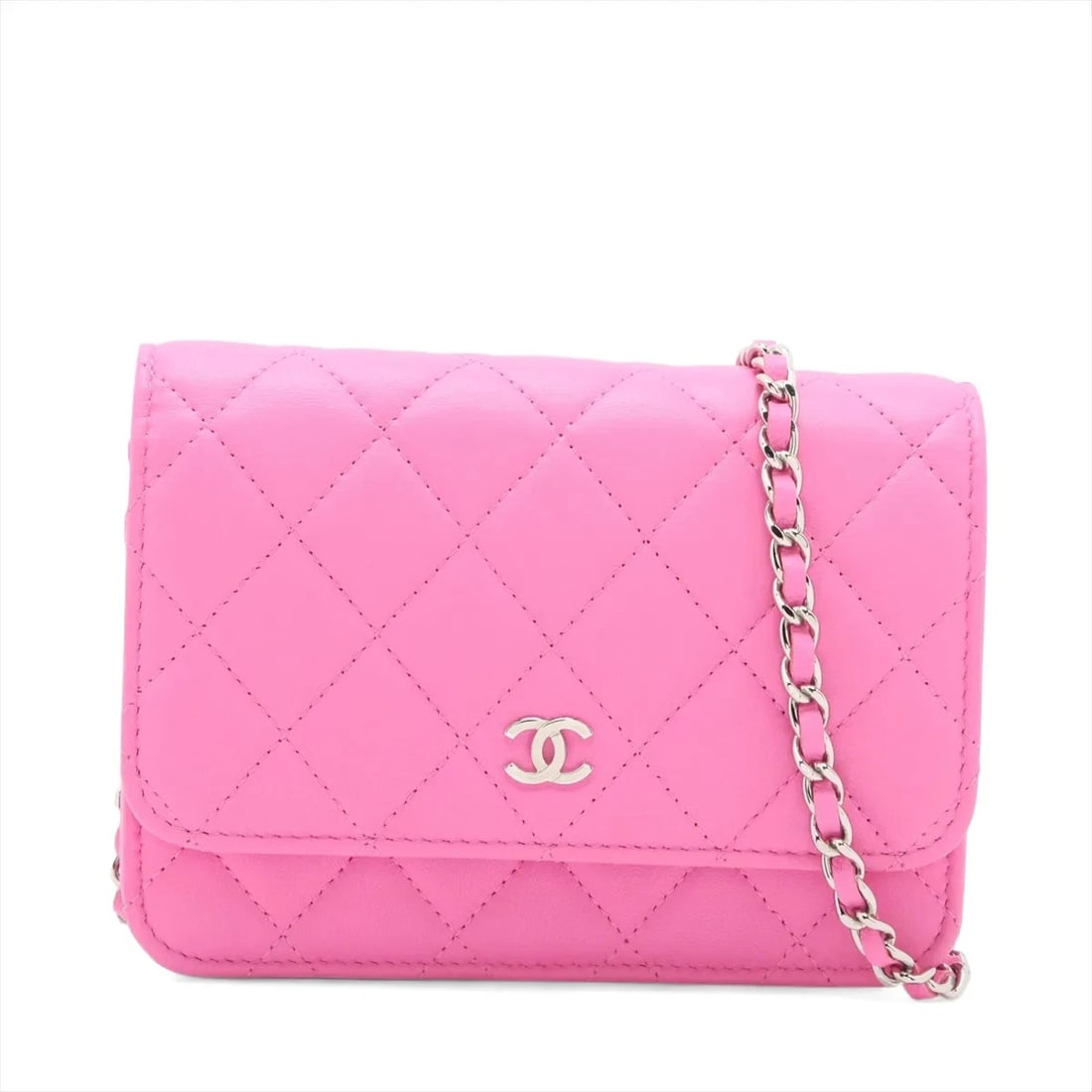 CHANEL MATELASSE LAMBSKIN CHAIN WALLET PINK SILVER: Chanel Matelasse Lambskin Chain Wallet Pink Silver Brand: Chanel Type/Style: Shoulder bag Material: Lambskin Color: Pink Size: Height:4.3inchLength:5.9inchDepth:1.8inch Accessories: None A