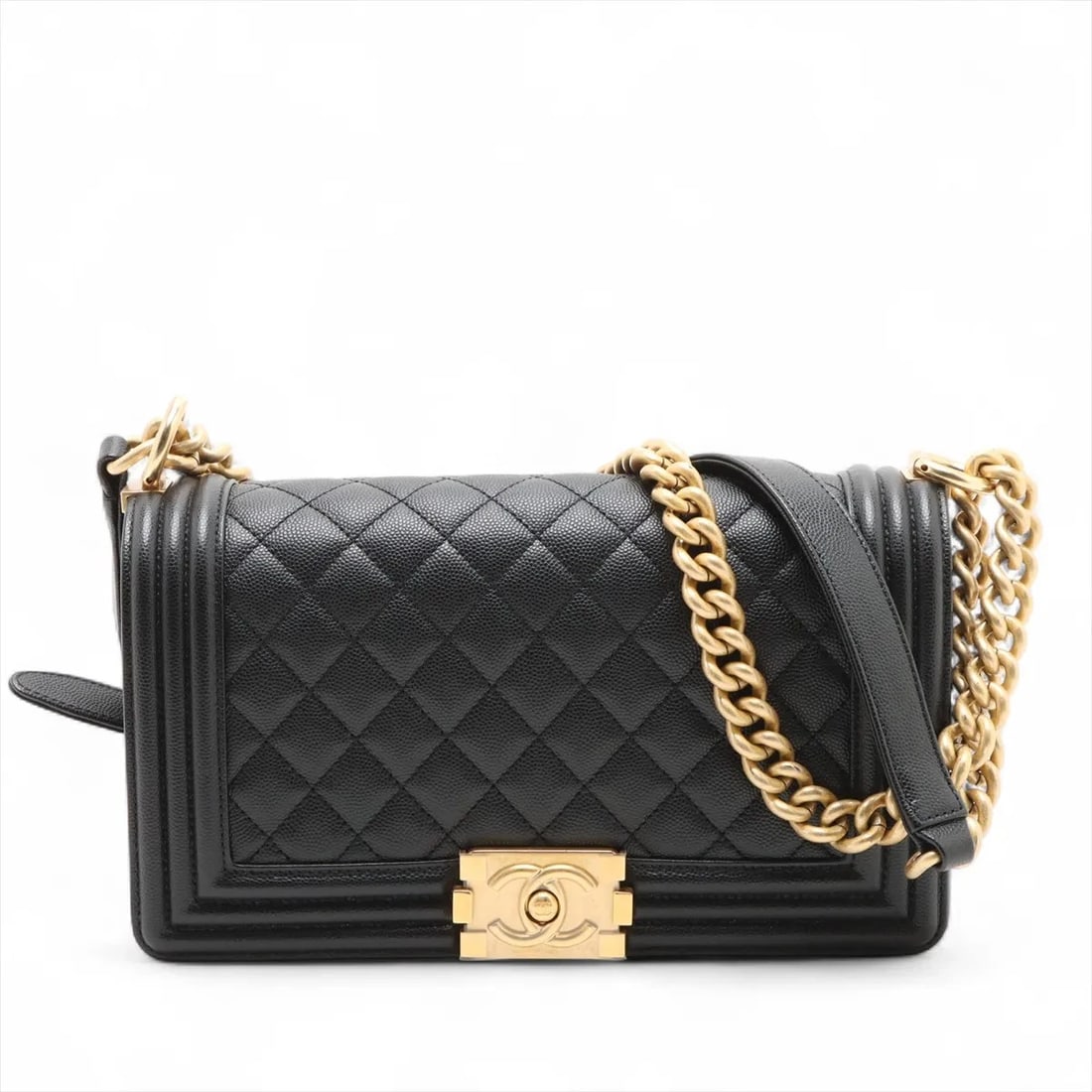 CHANEL BOY CHANEL 25 GRAINED CALFSKIN CHAIN SHOULDER BAG: Chanel BOY CHANEL 25 Grained Calfskin Chain Shoulder Bag Brand: Chanel Type/Style: Shoulder bag Material: Caviar Skin Color: Black Size: Height:5.7inchLength:9.8inchDepth:2.6inch Accessories: None