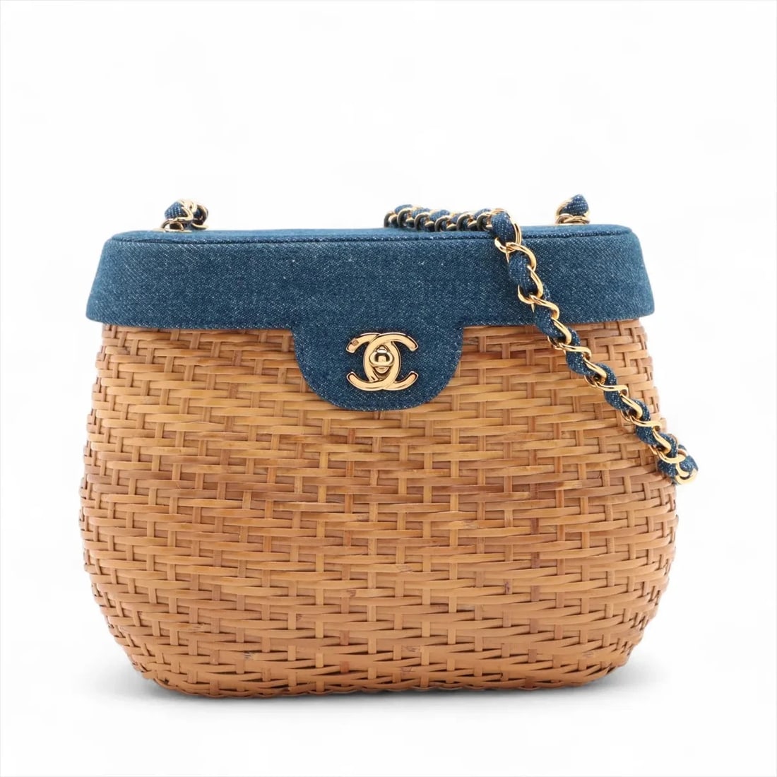 CHANEL COCO MARK RATTAN X DENIM CHAIN SHOULDER BAG BROWN (1 of 5)