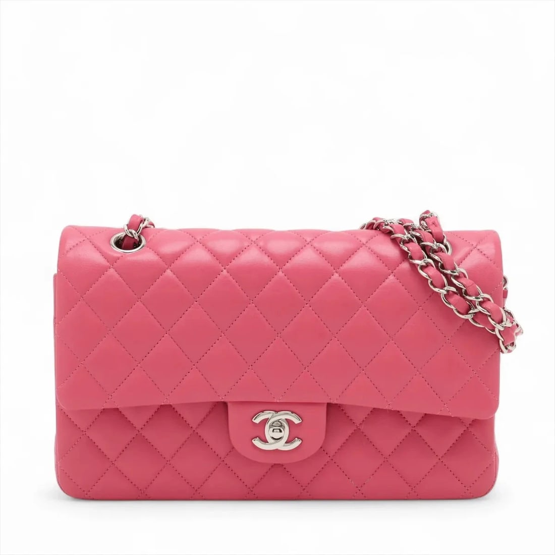 CHANEL MATELASSE 25 LAMBSKIN CHAIN BAG PINK: Chanel Matelasse 25 Lambskin Chain Bag Pink Brand: Chanel Type/Style: Shoulder bag Material: Lambskin Color: Pink Size: Height:6.1inch Length:10.0inch Depth:2.6inch Shoulder height:9.4inch Accesso
