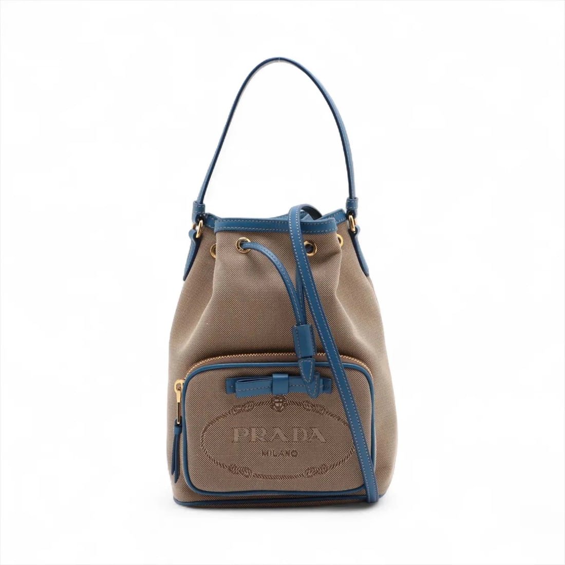 PRADA LOGO JACQUARD CANVAS & LEATHER 2 WAY HANDBAG: Prada Logo Jacquard Canvas & Leather 2 Way Handbag Brand: Prada Type/Style: Hand bag Material: Canvas & Leather Color: Beige x blue Size: Height:9.1inchLength:6.7inchDepth:4.5inch Accessories: Non