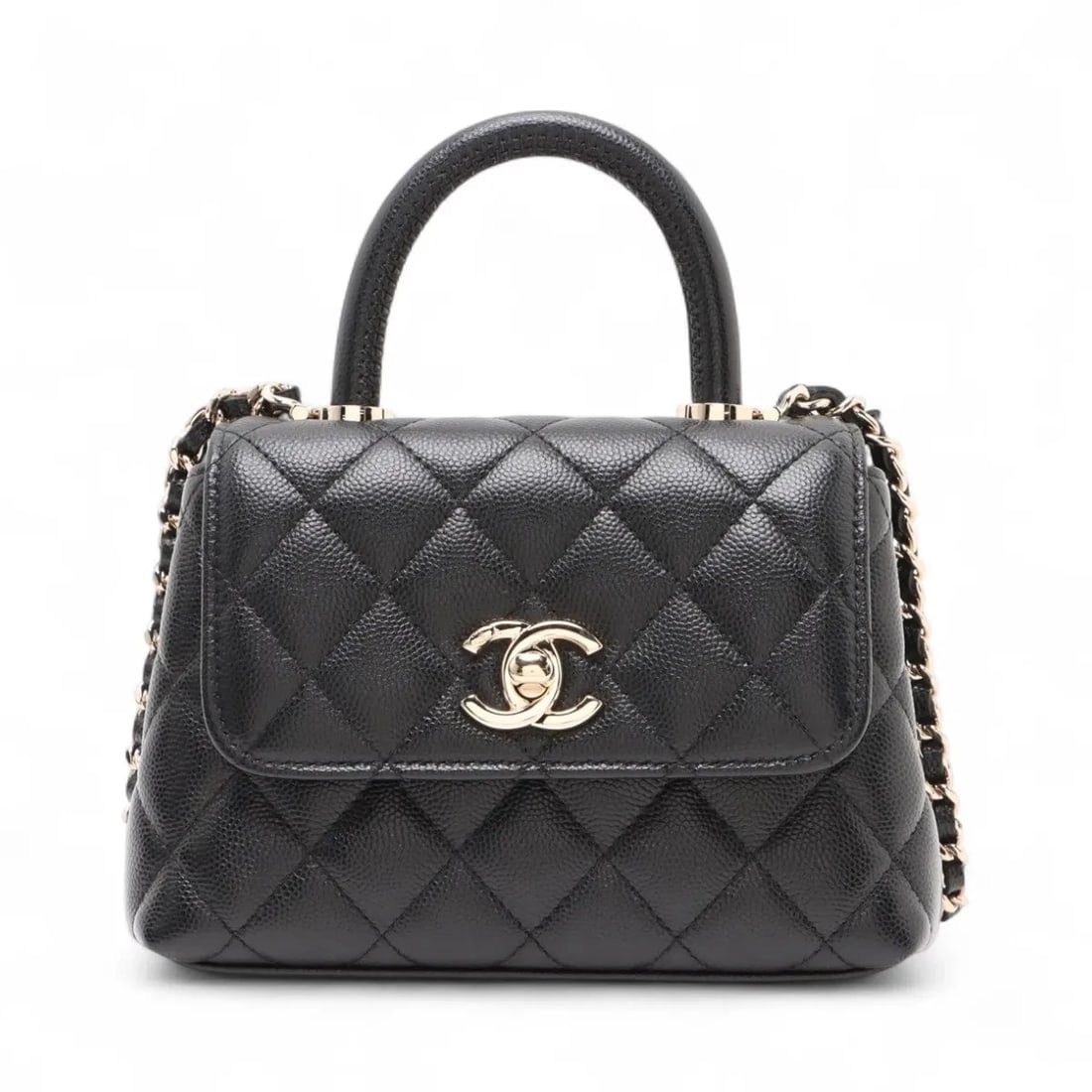CHANEL COCO HANDLE MINI-MINI CAVIAR SKIN 2 WAY HANDBAG: Chanel Coco Handle Mini-mini Caviar Skin 2 Way Handbag Brand: Chanel Type/Style: Hand bag Material: Caviar Skin Color: Black Size: Height:4.3inchLength:6.3inchDepth:1.8inch Accessories: None <