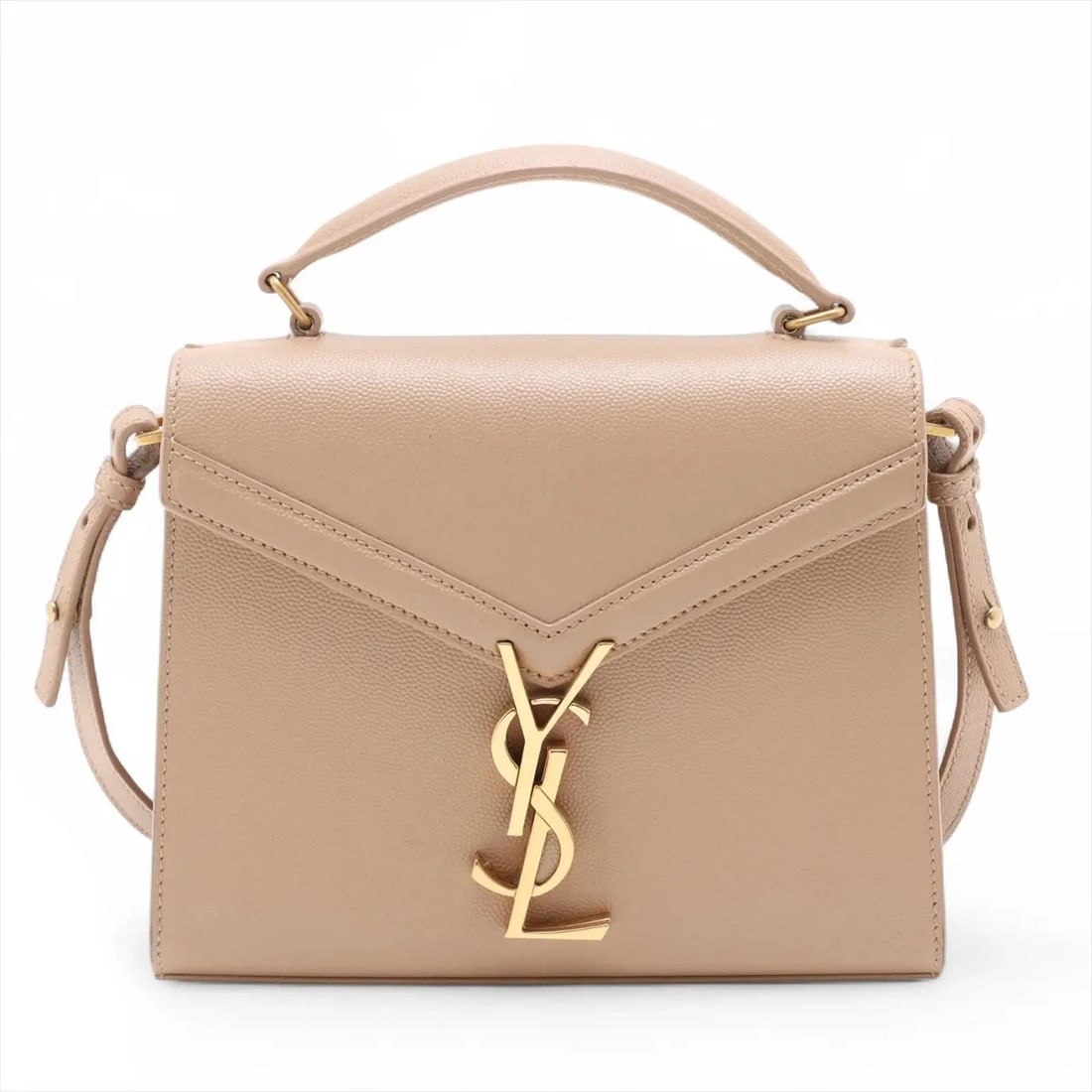 SAINT LAURENT PARIS CASSANDRA LEATHER 2 WAY HANDBAG: Saint Laurent Paris Cassandra Leather 2 Way Handbag Brand: Saint Laurent Paris Type/Style: Hand bag Material: Leather Color: Beige Size: Height:6.3inchLength:7.9inchDepth:3.0inch Accessories: None