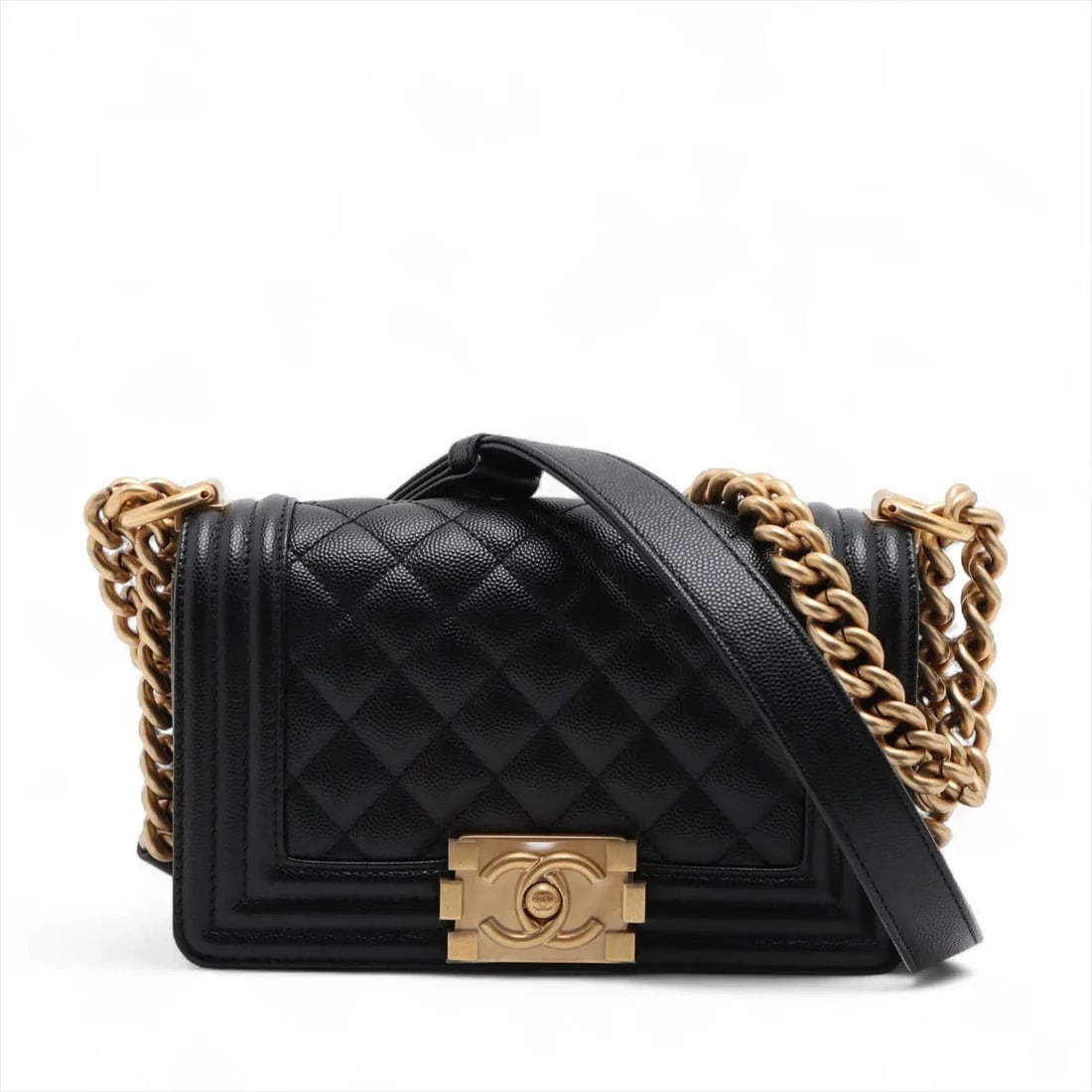 CHANEL BOY CHANEL 20 SMALL GRAINED CALFSKIN CHAIN SHOULDER BAG: Chanel Boy Chanel 20 Small Grained Calfskin Chain Shoulder Bag Brand: Chanel Type/Style: Shoulder bag Material: Caviar Skin Color: Black Size: Height:4.7inchLength:7.9inchDepth:2.8inch Accessories