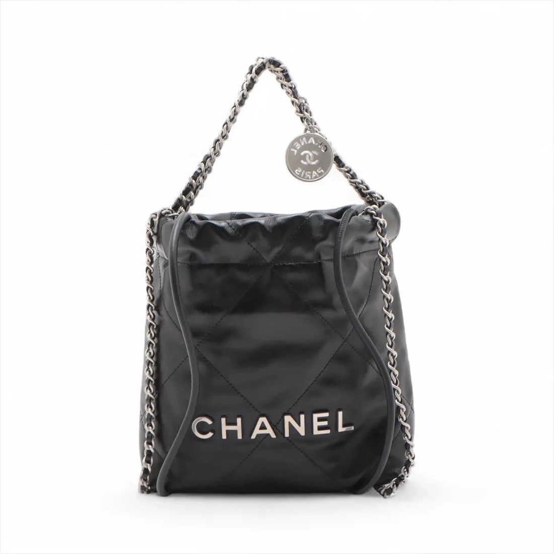 CHANEL CHANEL 22 MINI SHINY CALFSKIN CHAIN SHOULDER BAG: Chanel Chanel 22 Mini shiny calfskin Chain Shoulder Bag Brand: Chanel Type/Style: Shoulder bag Material: shiny calfskin Color: Black Size: Height:7.7inchLength:6.7inchDepth:2.4inch Accessories: No