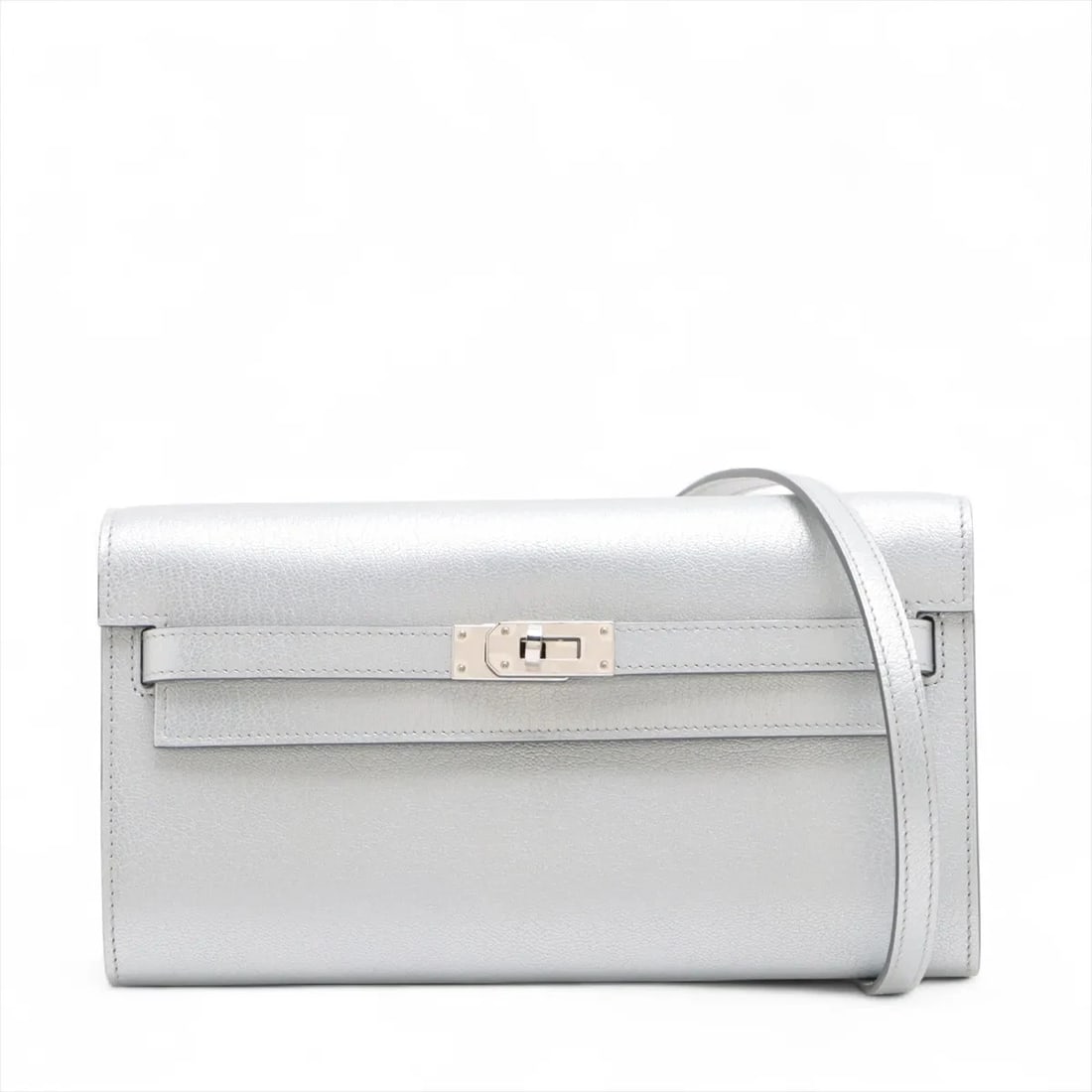 HERMES KELLY WALLET TOGO CHEVRE SHAMUKIRA ARGENT: Hermes Kelly Wallet Togo Chevre Shamukira Argent Brand: Hermes Type/Style: Shoulder bag Material: Chevre Shamukira Color: Argent Size: Height:4.1inchLength:8.1inchDepth:1.2inch Accessories: None <