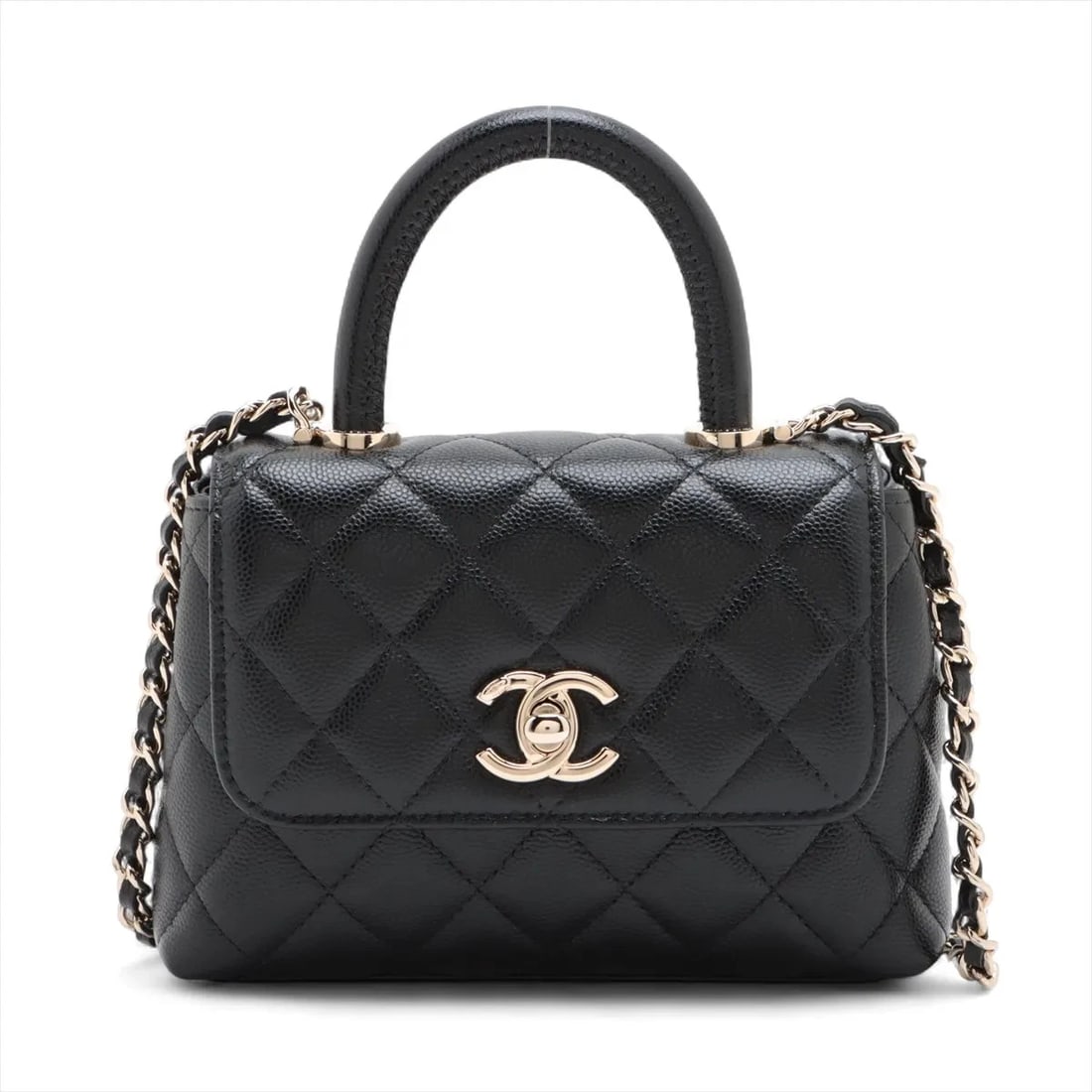 CHANEL COCO HANDLE MINI-MINI CAVIAR SKIN 2 WAY HANDBAG: Chanel Coco Handle Mini-mini Caviar Skin 2 Way Handbag Brand: Chanel Type/Style: Hand bag Material: Caviar Skin Color: Black Size: Height:4.3inchLength:6.3inchDepth:1.8inch Accessories: None <