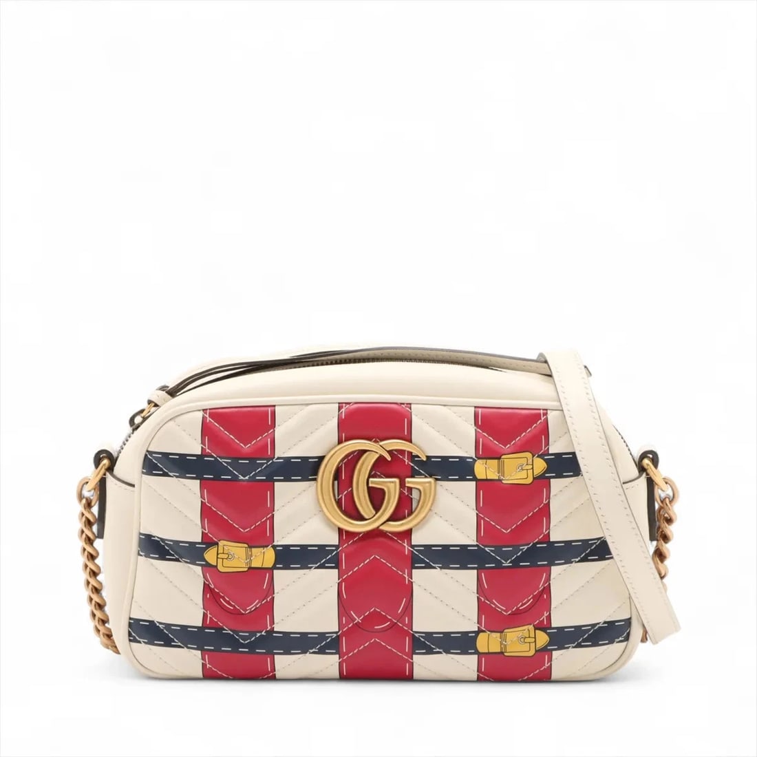 GUCCI GG MARMONT LEATHER CHAIN SHOULDER BAG WHITE X RED: Gucci GG Marmont Leather Chain Shoulder Bag White x red Brand: Gucci Type/Style: Shoulder bag Material: Leather Color: White x red x blue Size: Height:5.1inchLength:9.4inchDepth:2.8inch Accessorie