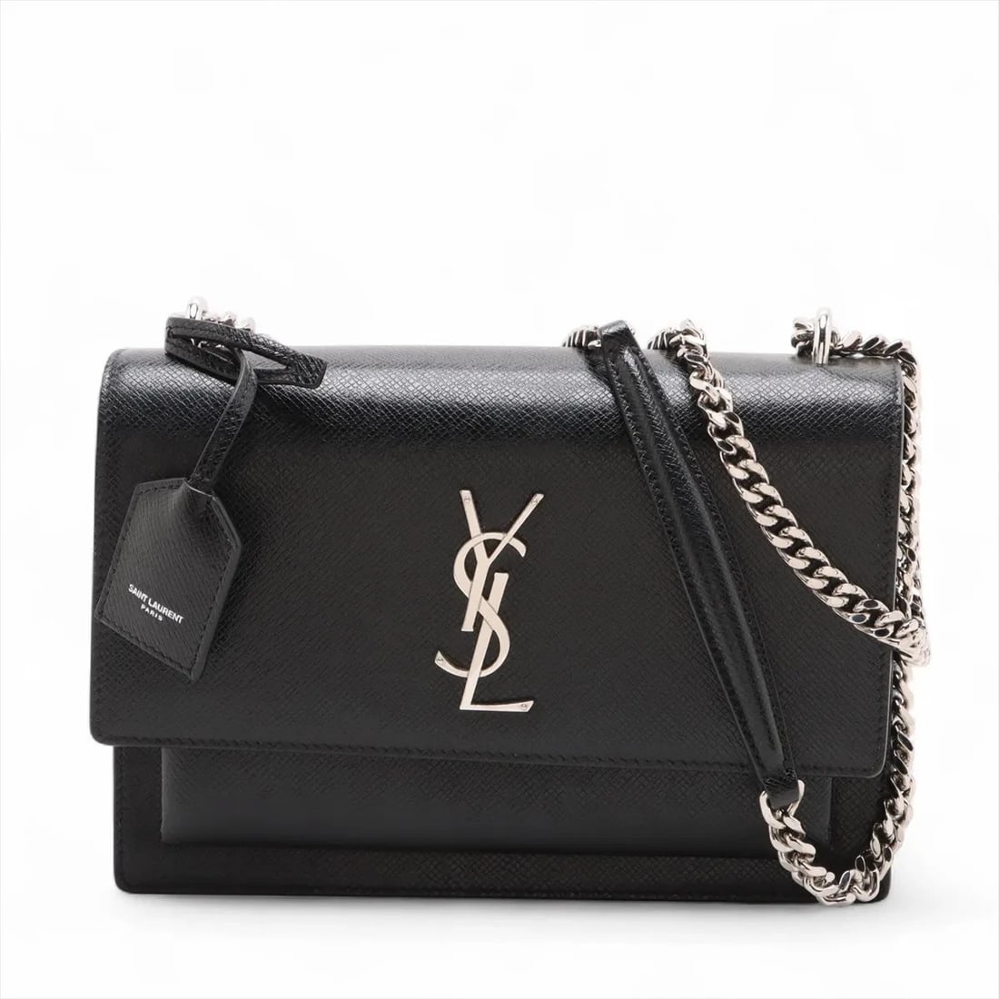SAINT LAURENT PARIS SUNSET LEATHER CHAIN SHOULDER BAG: Saint Laurent Paris Sunset Leather Chain Shoulder Bag Brand: Saint Laurent Paris Type/Style: Shoulder bag Material: Leather Color: Black Size: Height:6.1inchLength:8.7inchDepth:3.5inch Accessories