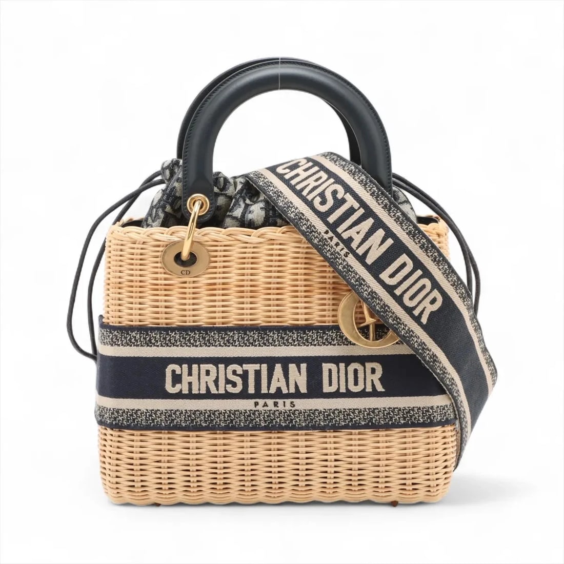 CHRISTIAN DIOR LADY DIOR WICKER RATTAN X CANVAS 2 WAY HANDBAG (1 of 6)