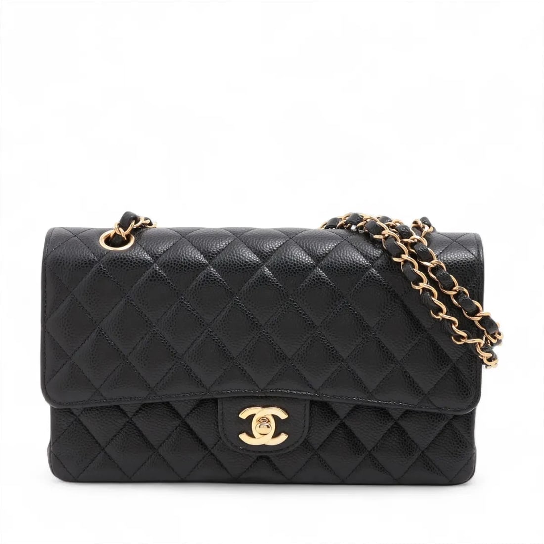CHANEL MATELASSE 25 GRAINED CALFSKIN CHAIN BAG BLACK: Chanel Matelasse 25 Grained Calfskin Chain Bag Black Brand: Chanel Type/Style: Shoulder bag Material: Caviar Skin Color: Black Size: Height:5.9inchLength:9.8inchDepth:2.4inch Accessories: None