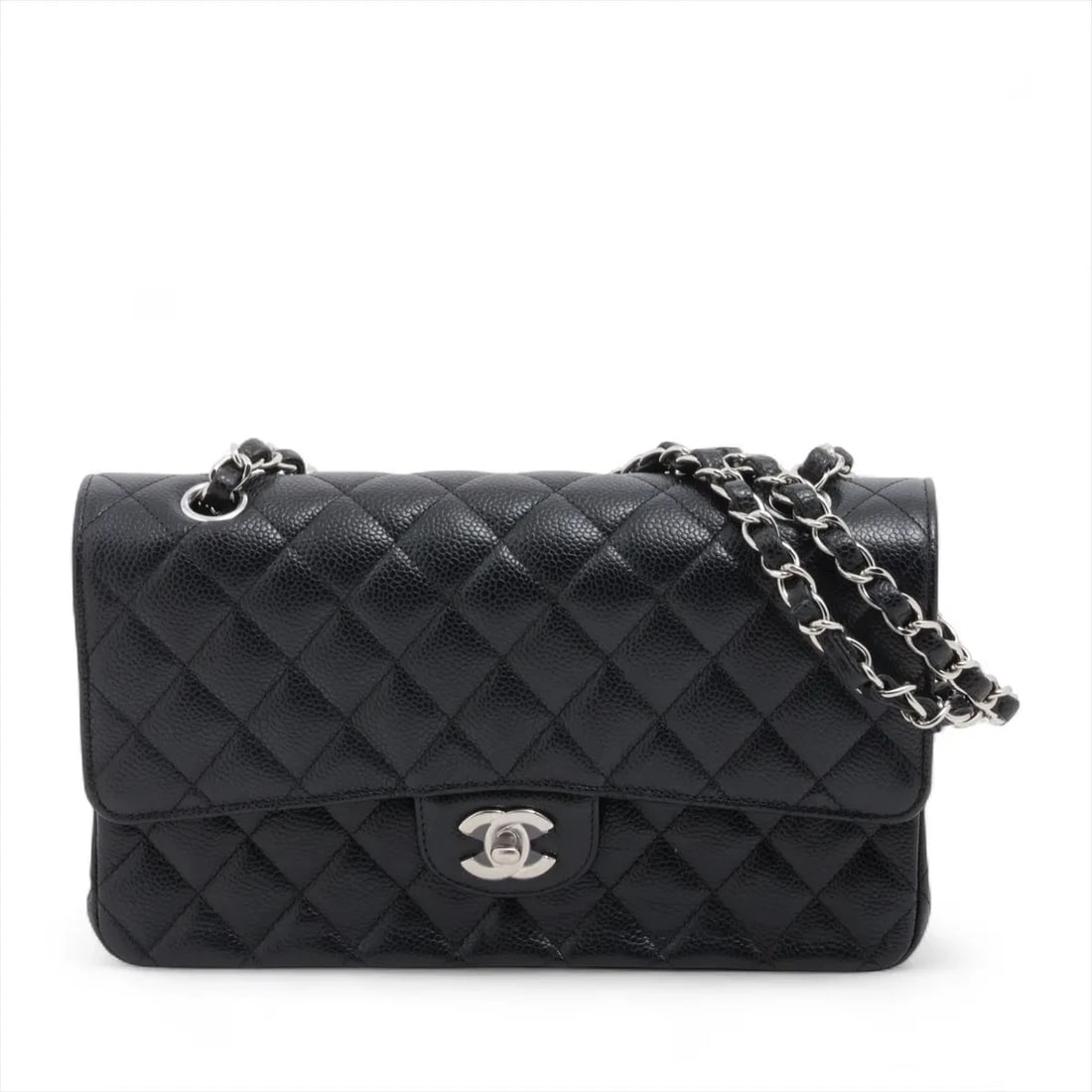CHANEL MATELASSE 25 GRAINED CALFSKIN CHAIN BAG BLACK: Chanel Matelasse 25 Grained Calfskin Chain Bag Black Brand: Chanel Type/Style: Shoulder bag Material: Caviar Skin Color: Black Size: Height:5.9inchLength:9.8inchDepth:2.4inch Accessories: None