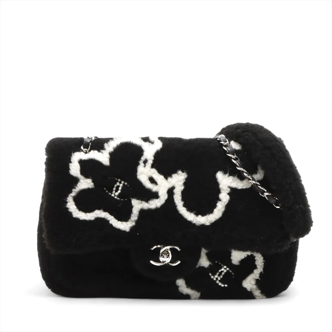 CHANEL COCO MARK SHEARING SINGLE FLAP DOUBLE CHAIN BAG: Chanel Coco Mark Shearing Single Flap Double Chain Bag Brand: Chanel Type/Style: Shoulder bag Material: Shearing Color: Black Size: Height:6.9inchLength:10.2inchDepth:2.8inch Accessories: None