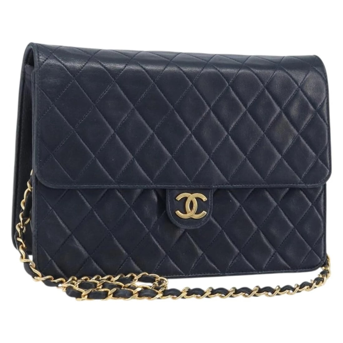 CHANEL MATELASSE CHAIN SHOULDER BAG: CHANEL Matelasse Chain Shoulder Bag Brand: CHANEL Type/Style: Shoulder Bag Material: Lamb Skin Color: Navy/Gold Size: Size(Inch) W9.8 x H7.9 x D2.8inch(Approx) Accessories: None Accessorie