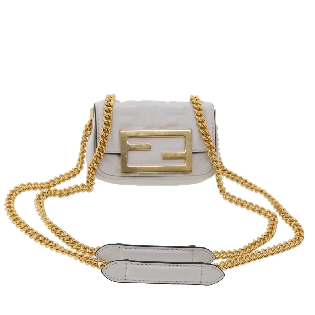 FENDI ZUCCA CANVAS NANO BAGUETTE CHAIN SHOULDER BAG: FENDI Zucca Canvas Nano Baguette Chain Shoulder Bag Brand: FENDI Type/Style: Shoulder Bag Material: Leather Color: White Size: Size(Inch) W3.9 x H2.4 x D1.2inch(Approx) Accessories: None A