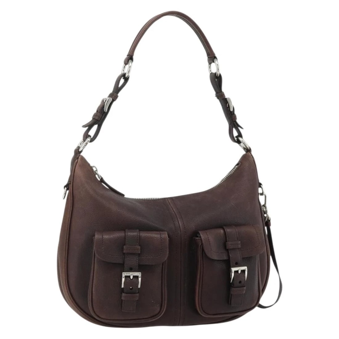 PRADA SHOULDER BAG LEATHER BROWN SILVER (1 of 10)