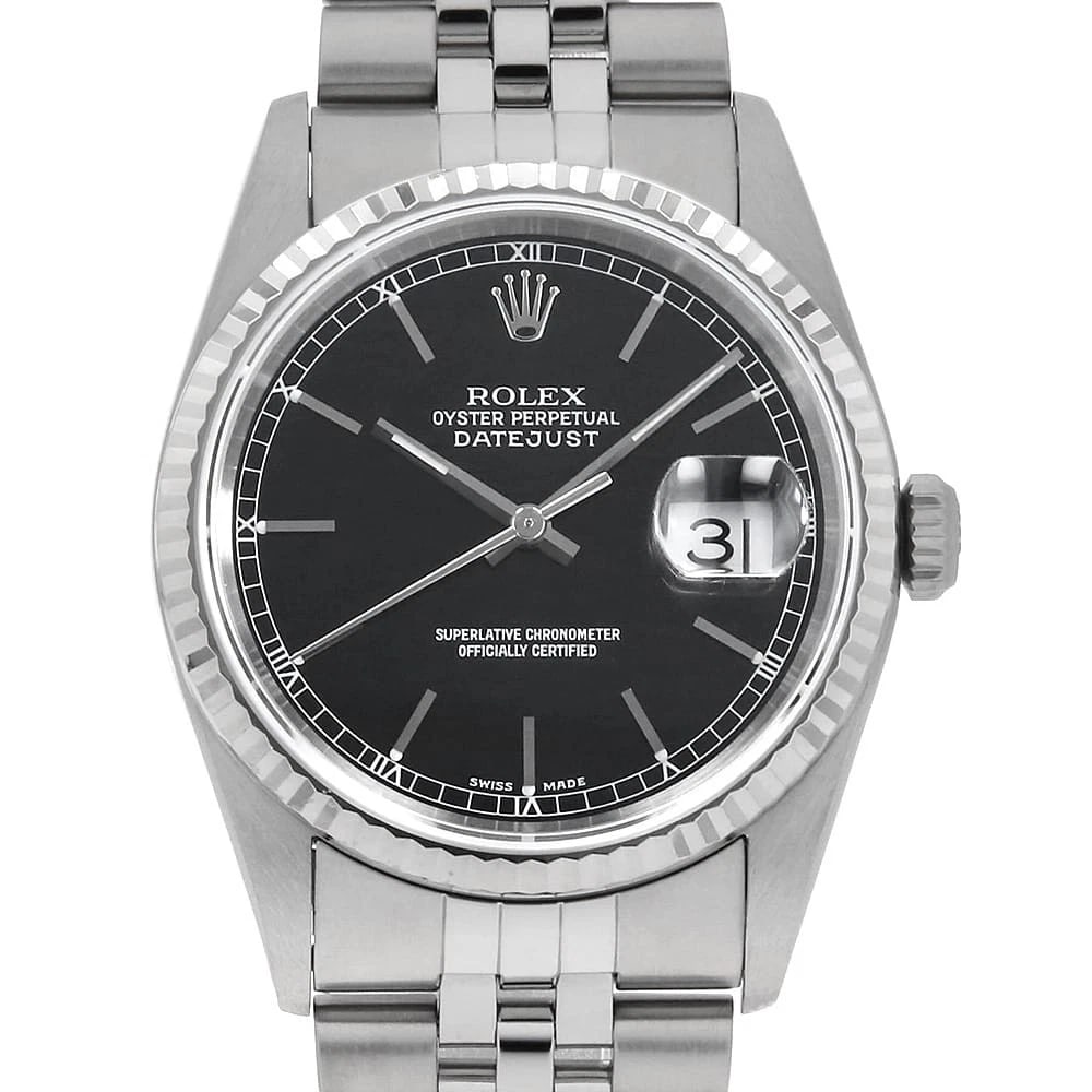 ROLEX DATEJUST BLACK WATCH: ROLEX Datejust black Watch Brand: ROLEX Type/Style: Wrist watch Material: Band Material Stainless Steel, Case Material Stainless Steel/White gold Color: Dial Color Black Size: Case:W36mm Circumference