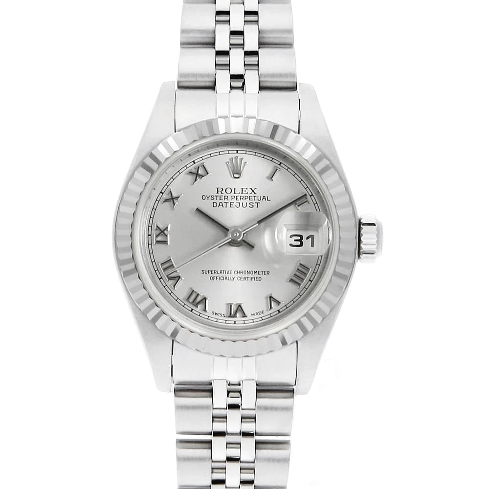 ROLEX DATEJUST GRAY WATCH: ROLEX Datejust gray Watch Brand: ROLEX Type/Style: Wrist watch Material: Band Material Stainless Steel, Case Material Stainless Steel/White gold Color: Dial Color Gray Size: Case:W26mm Circumference