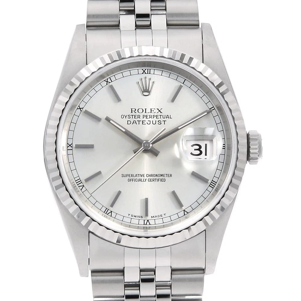 ROLEX DATEJUST SILVER WATCH: ROLEX Datejust Silver Watch Brand: ROLEX Type/Style: Wrist watch Material: Band Material Stainless Steel, Case Material Stainless Steel/White gold Color: Dial Color Silver Size: Case:W36mm