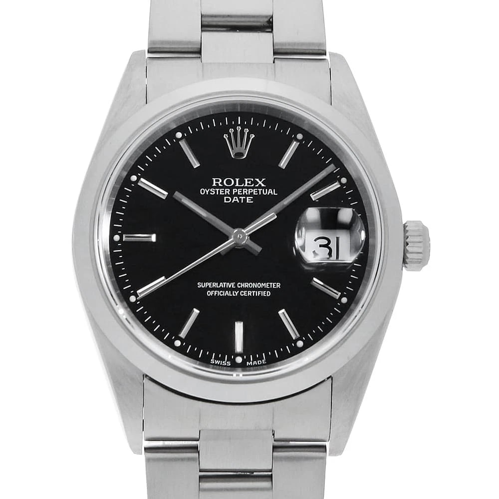 ROLEX OYSTER PERPETUAL DATE BLACK WATCH: ROLEX Oyster Perpetual Date black Watch Brand: ROLEX Type/Style: Wrist watch Material: Band Material Stainless Steel, Case Material Stainless Steel Color: Dial Color Black Size: Case:W34mm