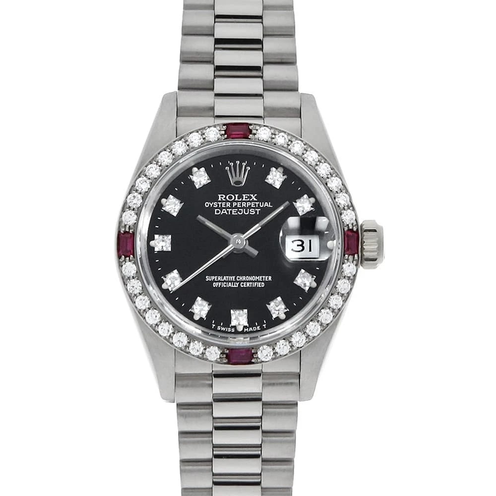 ROLEX DATEJUST BEZEL DIAMOND RUBY BLACK WATCH: ROLEX Datejust bezel diamond ruby black Watch Brand: ROLEX Type/Style: Wrist watch Material: Band Material White Gold, Case Material White Gold Color: Dial Color Black Size: Case:W26mm Circumference o