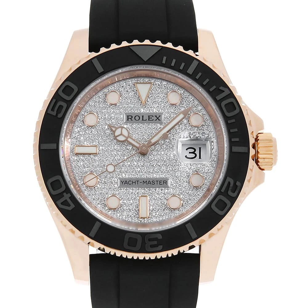 ROLEX YACHT MASTER DIAMOND WATCH: ROLEX Yacht master diamond Watch Brand: ROLEX Type/Style: Wrist watch Material: Band Material rubber, Case Material Everose Gold Color: Dial Color Diamonds Size: Case:W40mm Circumference of