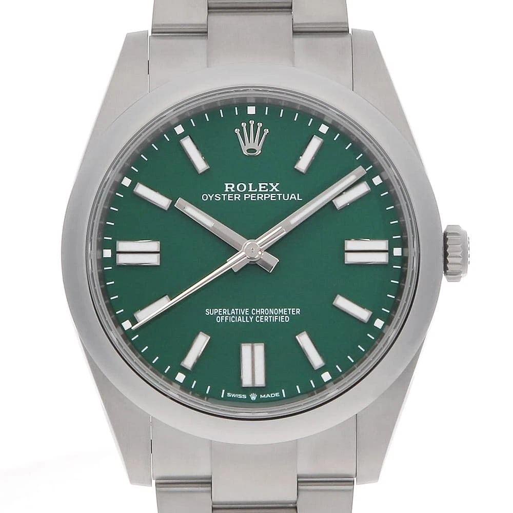 ROLEX OYSTER PERPETUAL GREEN WATCH: ROLEX Oyster Perpetual green Watch Brand: ROLEX Type/Style: Wrist watch Material: Band Material Stainless Steel, Case Material Stainless Steel Color: Dial Color Green Size: Case:W41mm Circumference