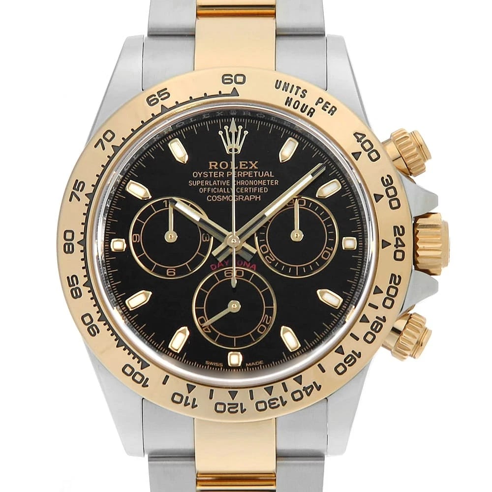 ROLEX COSMOGRAPH DAYTONA BLACK WATCH: ROLEX Cosmograph Daytona black Watch Brand: ROLEX Type/Style: Wrist watch Material: Band Material Stainless Steel/Yellow Gold, Case Material Stainless Steel Color: Dial Color Black Size: Case:W40mm Ci