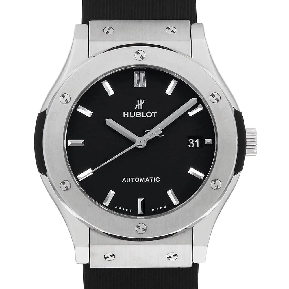 HUBLOT CLASSIC FUSION TITANIUM WATCH: HUBLOT Classic Fusion Titanium Watch Brand: HUBLOT Type/Style: Wrist watch Material: Band Material rubber, Case Material Titanium Color: Dial Color Black Size: Case:W45mm Accessories: None