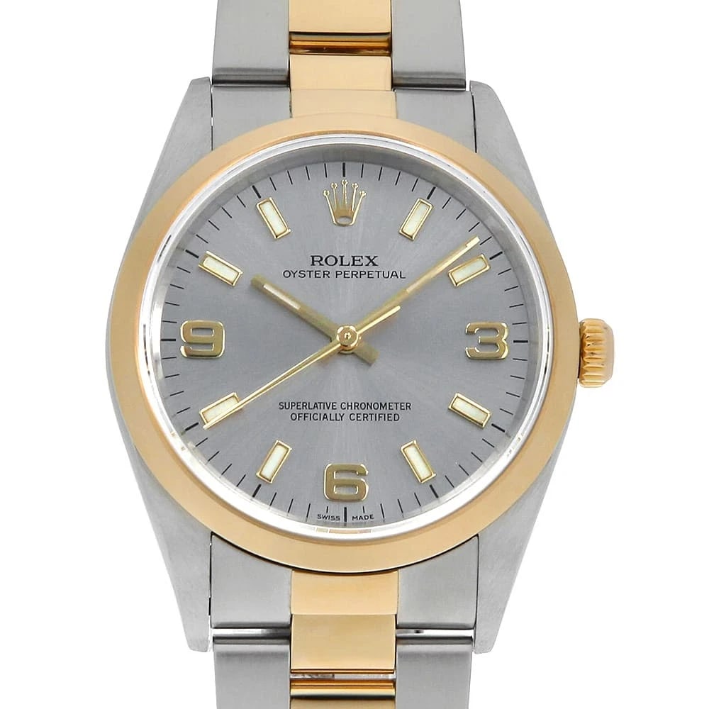 ROLEX OYSTER PERPETUAL GRAY WHITE WATCH: ROLEX Oyster perpetual gray white Watch Brand: ROLEX Type/Style: Wrist watch Material: Band Material Stainless Steel, Case Material Stainless Steel/Yellow Gold Color: Dial Color Gray Size: Case:W34mm