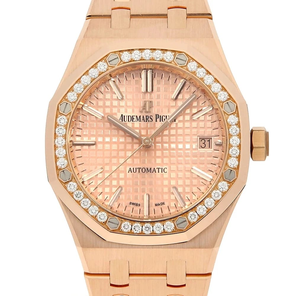 AUDEMARS PIGUET ROYAL OAK AUTOMATIC DIAMOND BEZEL WATCH: AUDEMARS PIGUET Royal Oak Automatic Diamond Bezel Watch Brand: AUDEMARS PIGUET Type/Style: Wrist watch Material: Band Material Pink Gold, Case Material Pink Gold Color: Dial Color Pink Size: