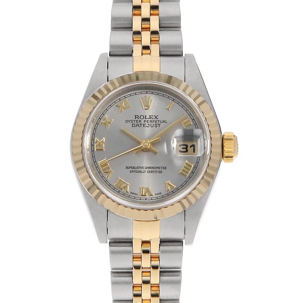 ROLEX DATEJUST GRAY ROME WATCH: ROLEX Datejust gray Rome Watch Brand: ROLEX Type/Style: Wrist watch Material: Band Material Stainless Steel/Yellow Gold, Case Material Stainless Steel Color: Dial Color Gray Size: Case:W26mm