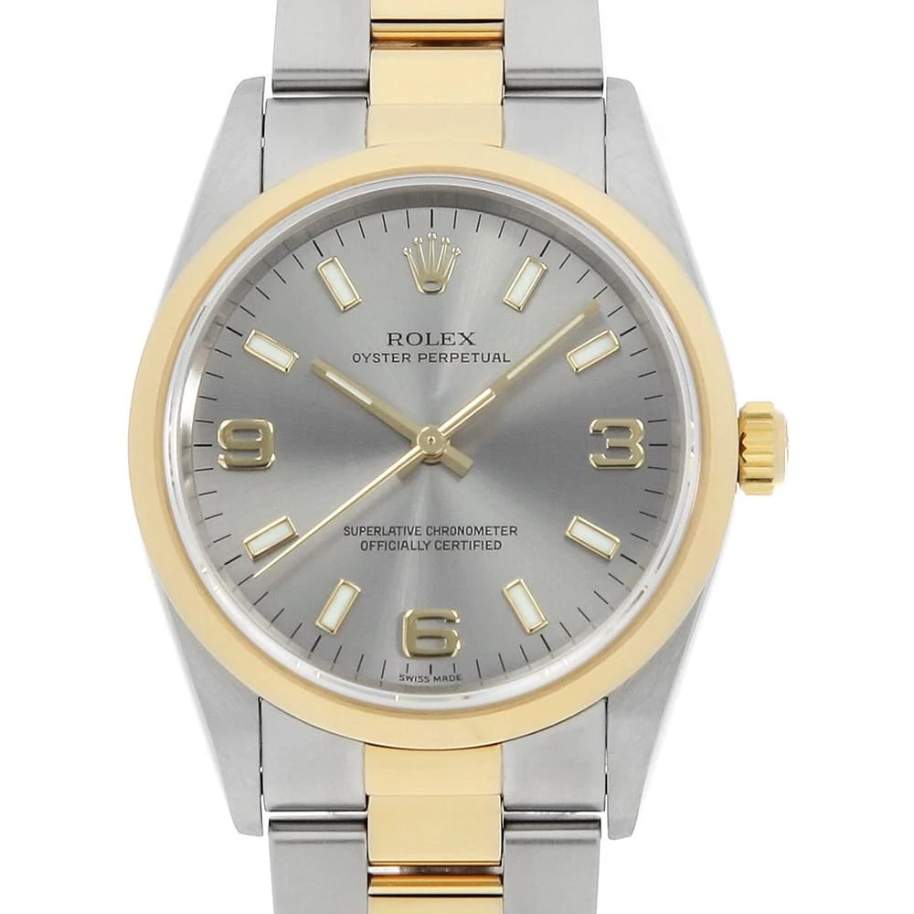 ROLEX OYSTER PERPETUAL GRAY WHITE WATCH: ROLEX Oyster perpetual gray white Watch Brand: ROLEX Type/Style: Wrist watch Material: Band Material Stainless Steel, Case Material Stainless Steel/Yellow Gold Color: Dial Color Gray Size: Case:W34mm 