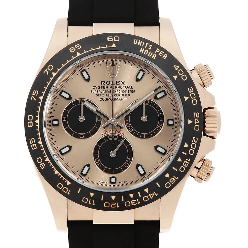 ROLEX COSMOGRAPH DAYTONA PINK X BLACK WATCH: ROLEX Cosmograph Daytona Pink x Black Watch Brand: ROLEX Type/Style: Wrist watch Material: Band Material rubber, Case Material Everose Gold Color: Dial Color Pink and Black Size: Case:W40mm