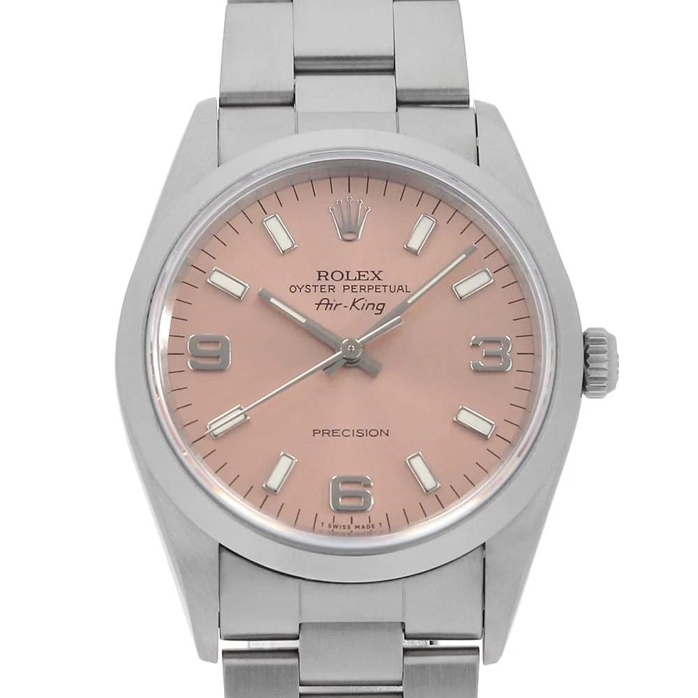 ROLEX AIR KING PINK WHITE WATCH: ROLEX Air king pink white Watch Brand: ROLEX Type/Style: Wrist watch Material: Band Material Stainless Steel, Case Material Stainless Steel Color: Dial Color Pink Size: Case:W34mm Circumference of Wri