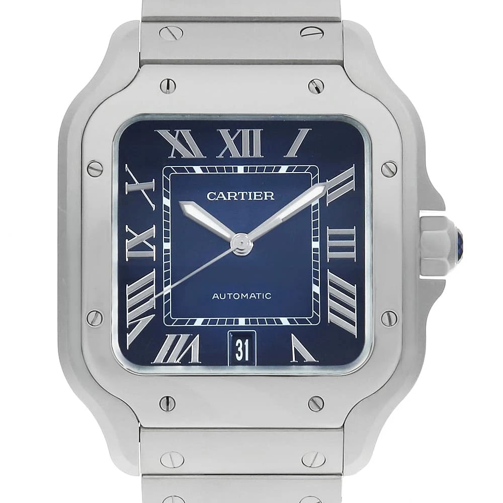 CARTIER SANTOS STAINLESS STEEL WATCH: Cartier Santos Stainless Steel Watch Brand: Cartier Type/Style: Wrist watch Material: Band Material Stainless Steel, Case Material Stainless Steel Color: Dial Color Blue Size: Case:W39.8mm x H39.8mm C