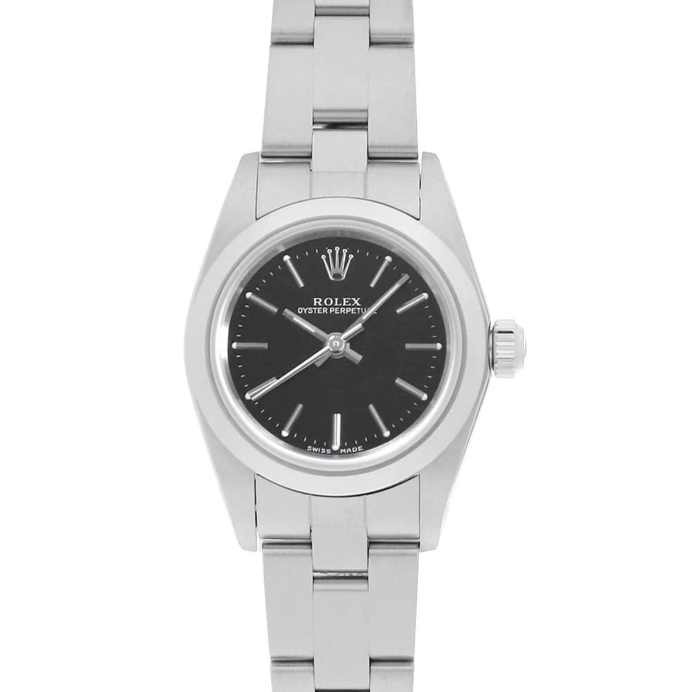 ROLEX OYSTER PERPETUAL BLACK BAR WATCH: ROLEX Oyster perpetual black bar Watch Brand: ROLEX Type/Style: Wrist watch Material: Band Material Stainless Steel, Case Material Stainless Steel Color: Dial Color Black Size: Case:W23.5mm Circumfere