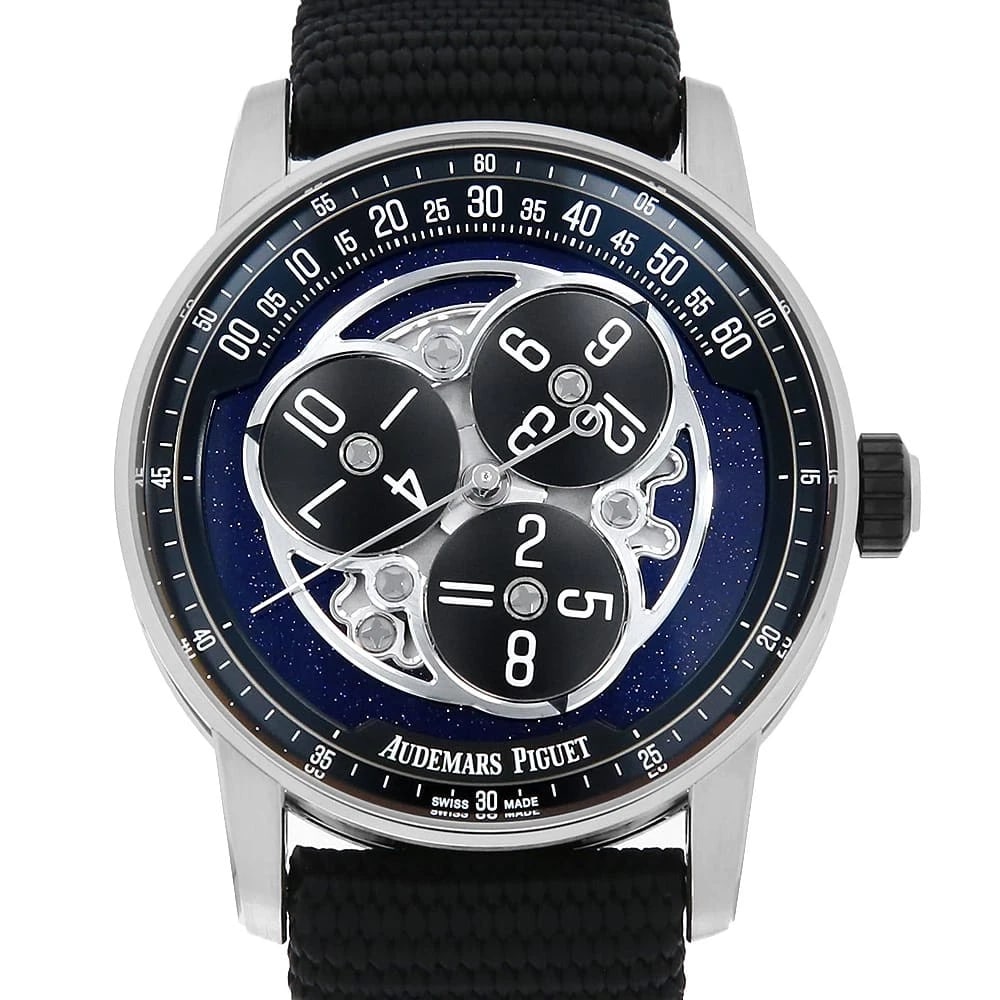 AUDEMARS PIGUET BY AUDEMARS PIGUET STAR WHEEL WATCH: AUDEMARS PIGUET by Audemars Piguet Star Wheel Watch Brand: AUDEMARS PIGUET Type/Style: Wrist watch Material: Band Material rubber, Case Material White Gold Color: Dial Color Blue Aventurine Size: