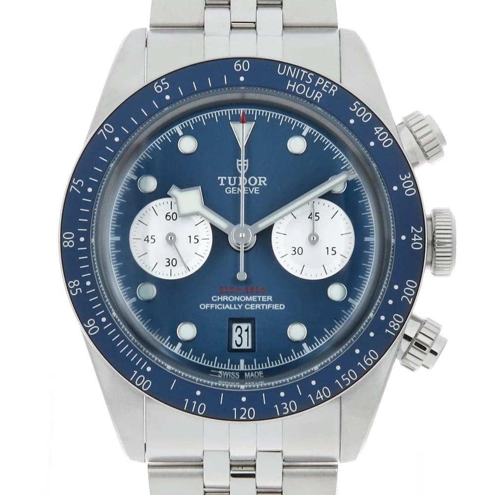 TUDOR BLACK CHRONO BLUE WATCH: TUDOR Black Chrono Blue Watch Brand: TUDOR Type/Style: Wrist watch Material: Band Material Stainless Steel, Case Material Stainless Steel Color: Dial Color Blue Size: Case:W41mm Circumference of