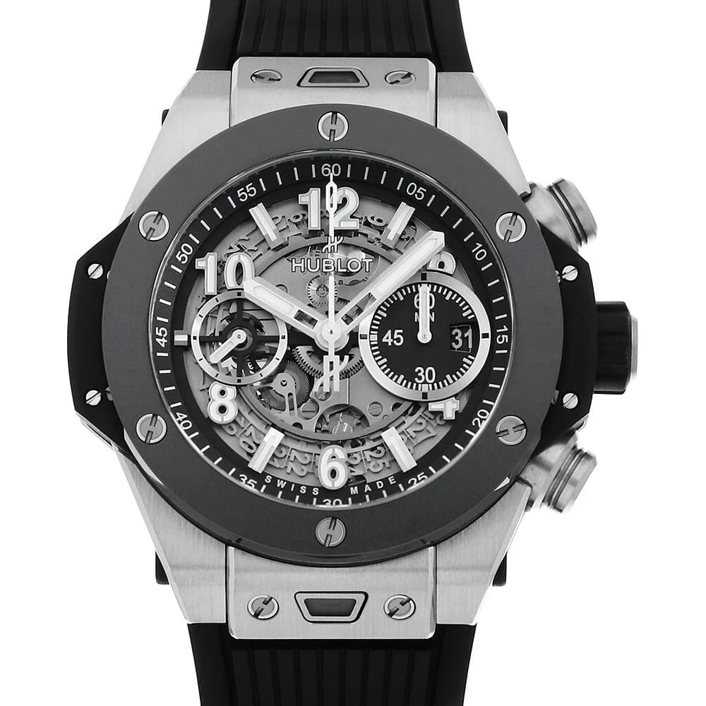 HUBLOT BIG BANG UNICO TITANIUM CERAMIC WATCH: HUBLOT Big Bang Unico Titanium Ceramic Watch Brand: HUBLOT Type/Style: Wrist watch Material: Band Material rubber, Case Material Titanium Color: Dial Color Skeleton Size: Case:W44mm x H44mm Access