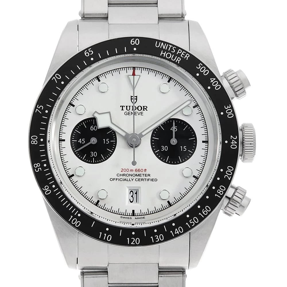 TUDOR BLACK CHRONO WATCH: TUDOR Black Chrono Watch Brand: TUDOR Type/Style: Wrist watch Material: Band Material Stainless Steel, Case Material Stainless Steel Color: Dial Color Opaline Size: Case:W41mm Circumference of