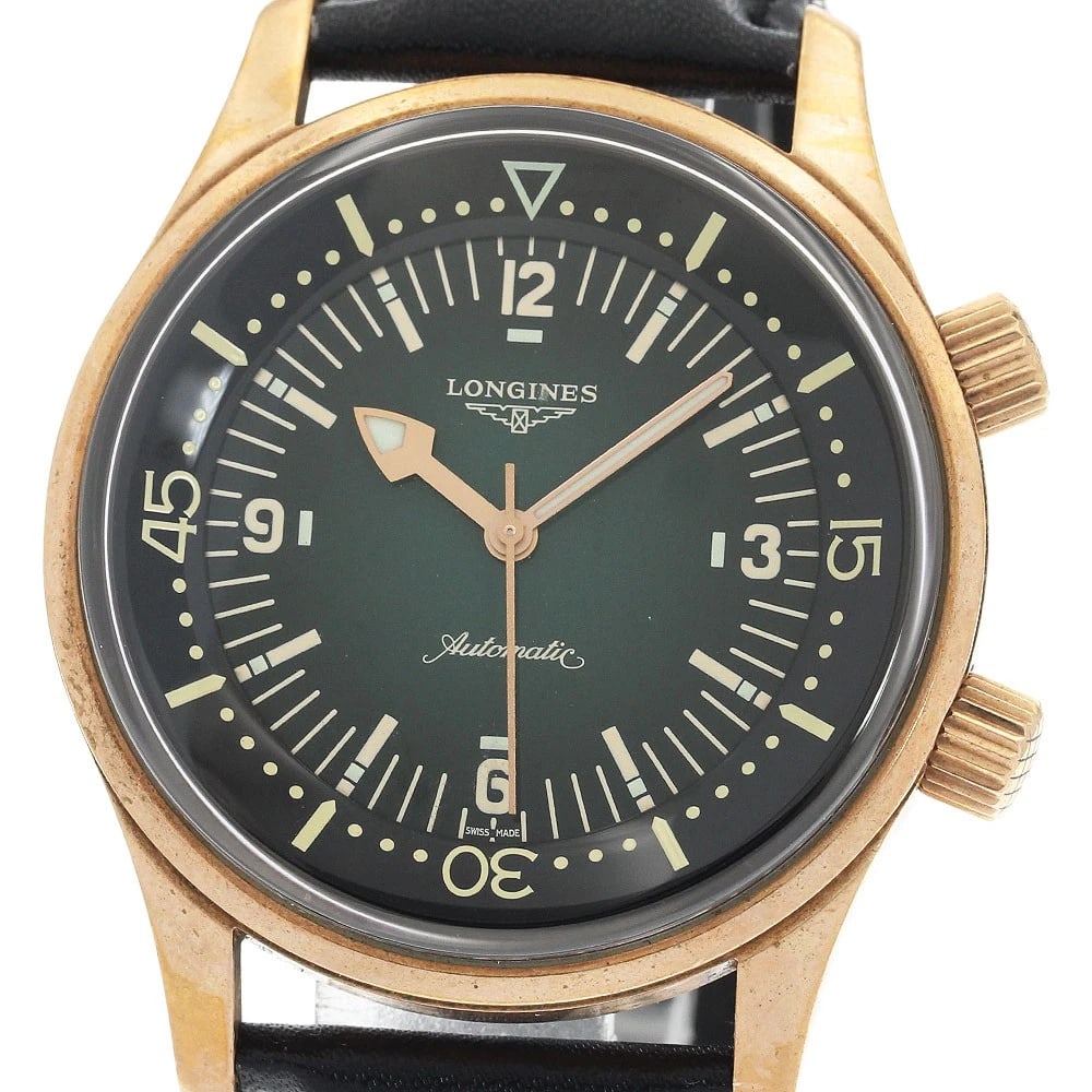 LONGINES LEGEND GREEN AUTOMATIC WATCH: LONGINES Legend Green Automatic Watch Brand: LONGINES Type/Style: Wristwatch Material: Band Material leather, Case Material Bronze / Titanium Color: Dial Color green Band Color black Case Color Gold