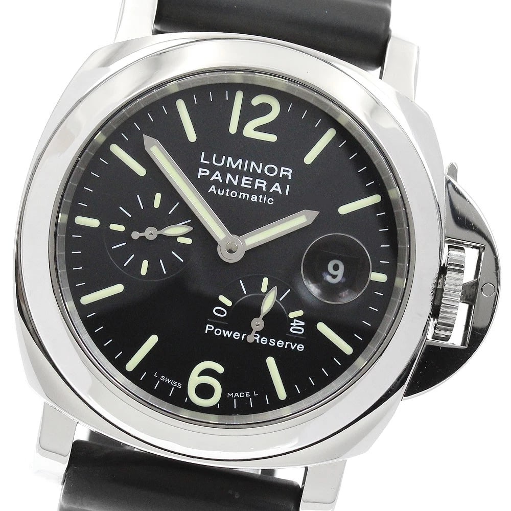 PANERAI POWER RESERVE DATE AUTOMATIC WATCH: PANERAI Power reserve date Automatic Watch Brand: PANERAI Type/Style: Wristwatch Material: Band Material rubber, Case Material Stainless Steel Color: Case Color Silver Band Color black Dial Color