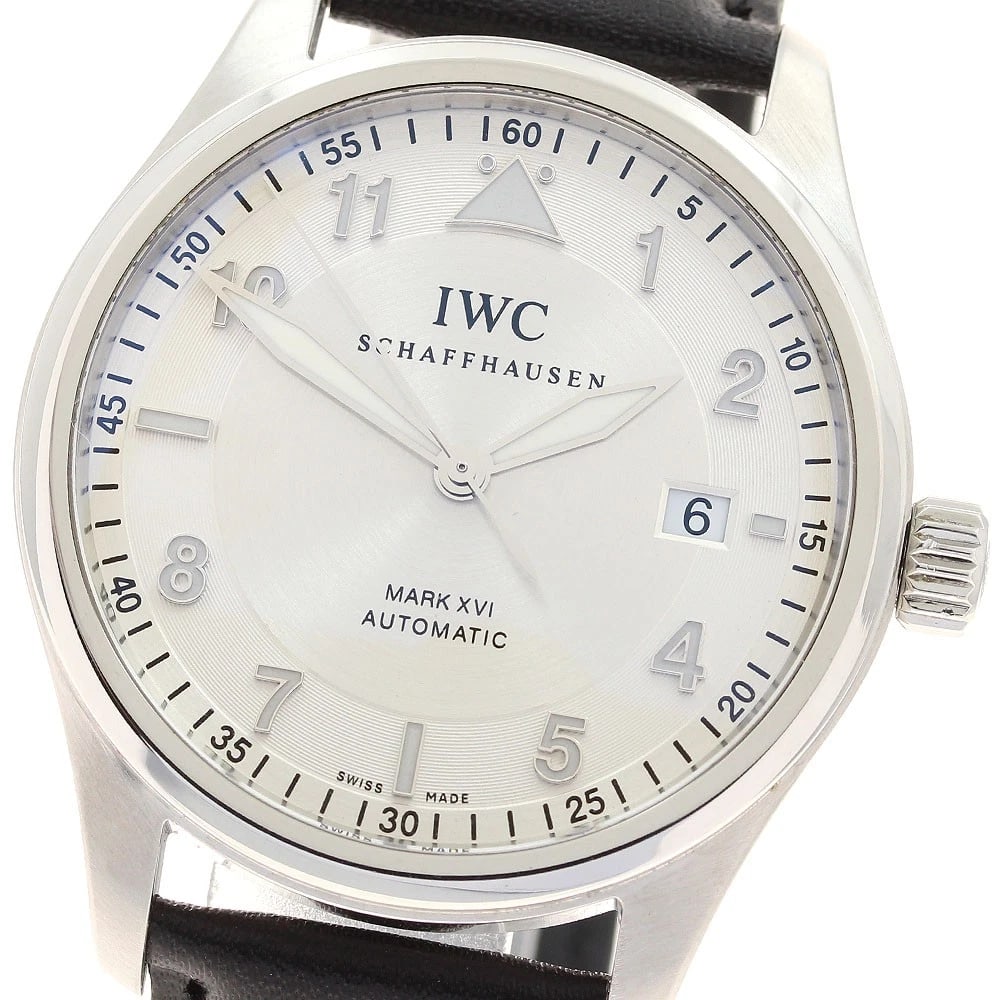 IWC SCHAFFHAUSEN SPITFIRE DATE AUTOMATIC WATCH: IWC SCHAFFHAUSEN Spitfire Date Automatic Watch Brand: IWC SCHAFFHAUSEN Type/Style: Wristwatch Material: Band Material leather, Case Material Stainless Steel Color: Dial Color Silver Band Color black