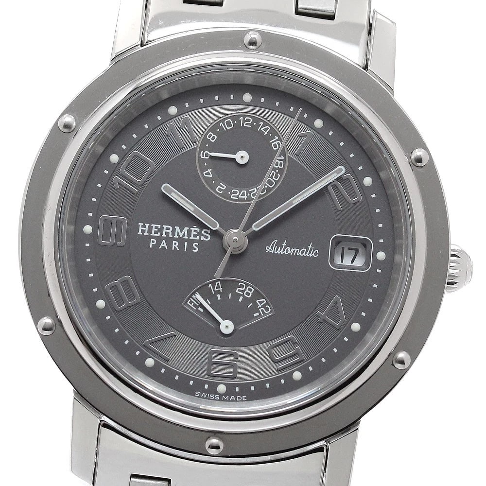 HERMES CLIPPER DATE POWER RESERVE GRAY AUTOMATIC WATCH: HERMES Clipper Date power reserve gray Automatic Watch Brand: HERMES Type/Style: Wristwatch Material: Band Material Stainless Steel, Case Material Stainless Steel Color: Case Color Silver Band Color