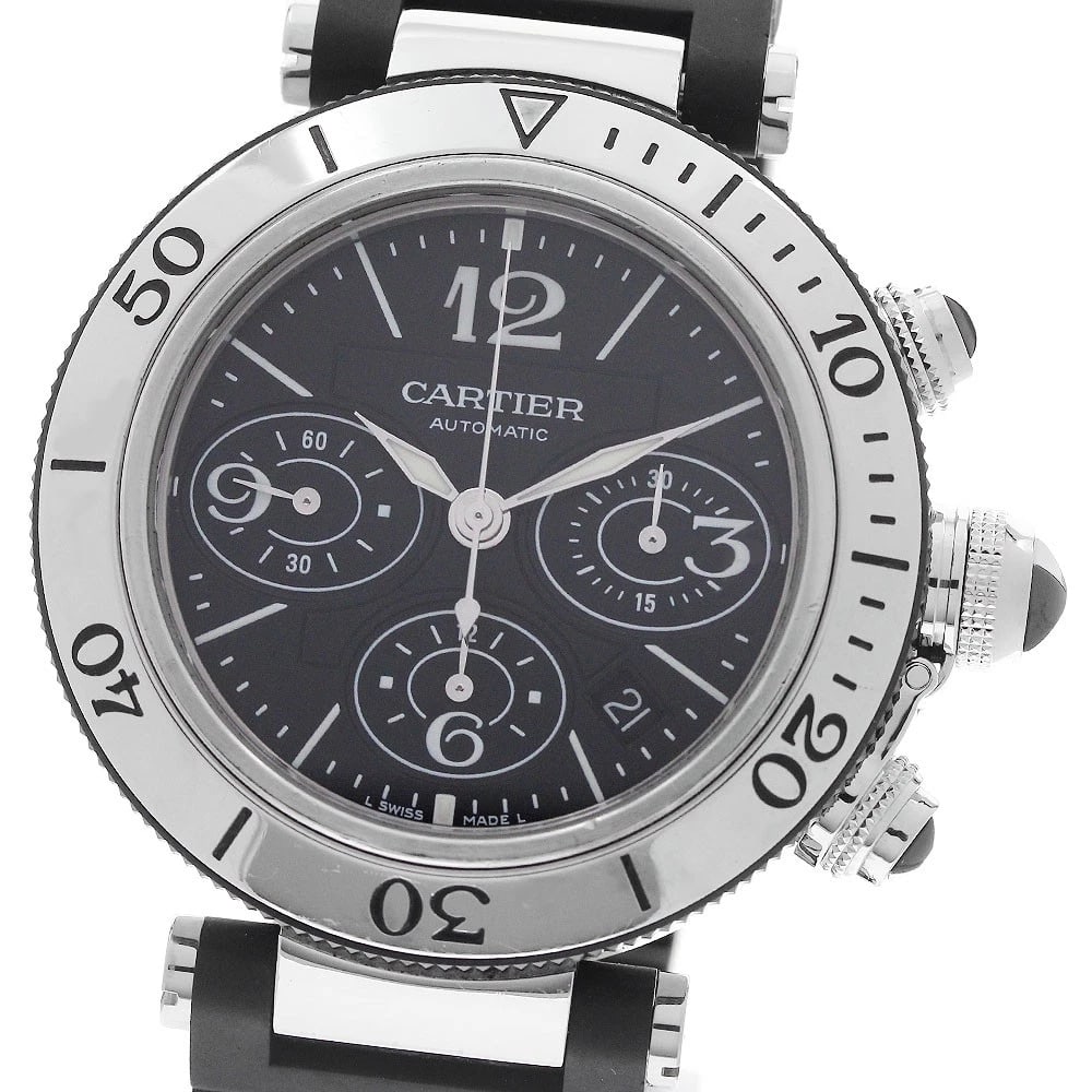 CARTIER PACHA SEA TIMER DATE CHRONOGRAPH AUTOMATIC WATCH: CARTIER Pacha Sea timer Date Chronograph Automatic Watch Brand: CARTIER Type/Style: Wristwatch Material: Band Material Stainless Steel / Rubber, Case Material Stainless Steel Color: Case Color Silver 