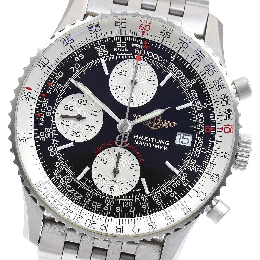 BREITLING NAVITIMER CHRONOGRAPH AUTOMATIC WATCH: BREITLING Navitimer Chronograph Automatic Watch Brand: BREITLING Type/Style: Wristwatch Material: Band Material Stainless Steel, Case Material Stainless Steel Color: Dial Color Black / Silver Band Col